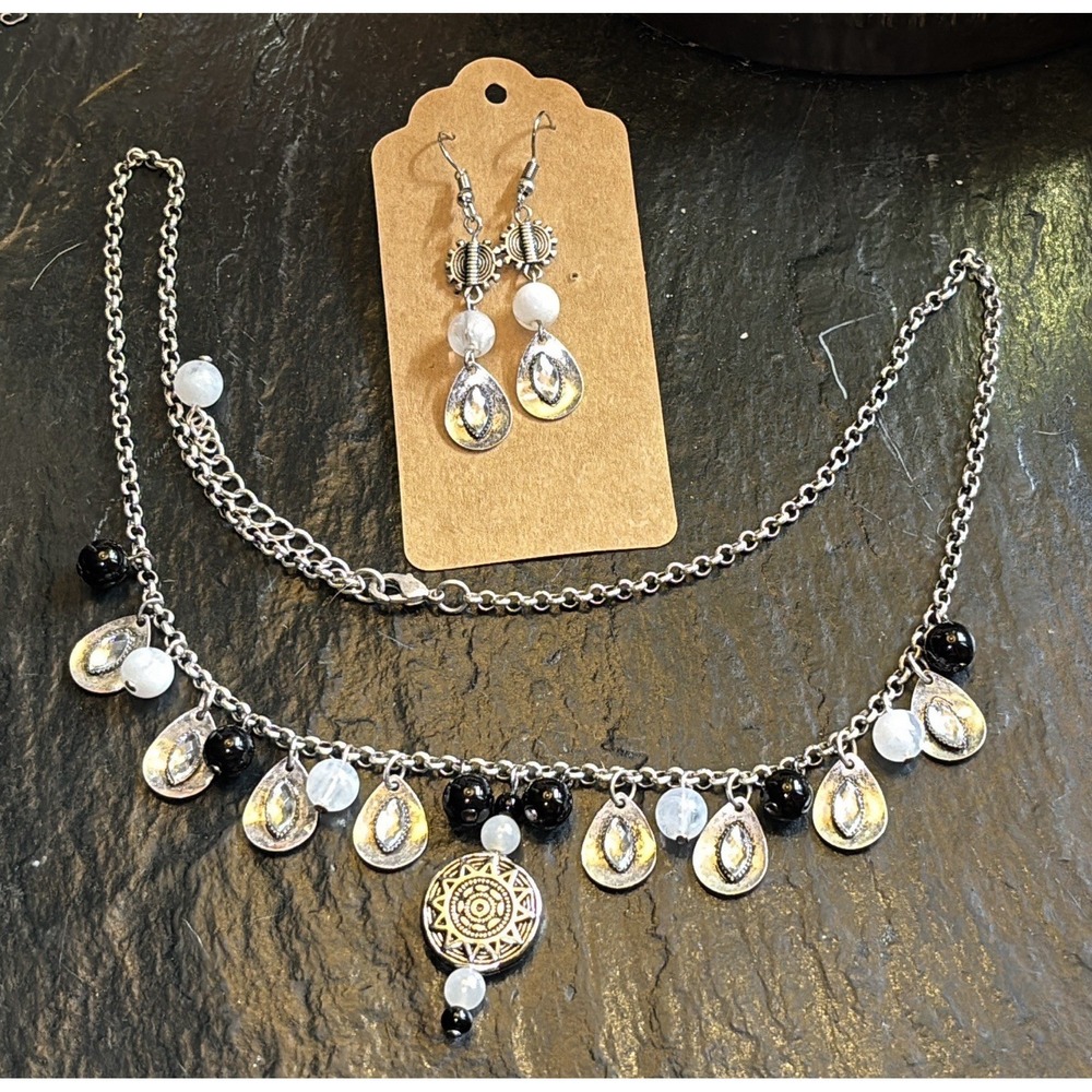 Boho Silver Tone Sunburst Necklace and Earring Set Black White Beads Celestial
